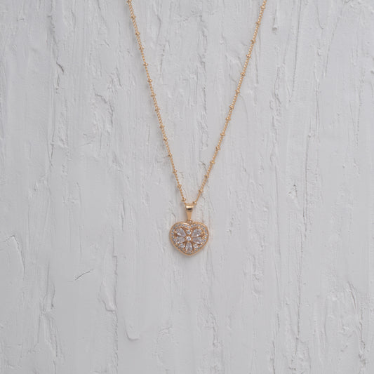 Crystal Heart Flower Charm Necklace